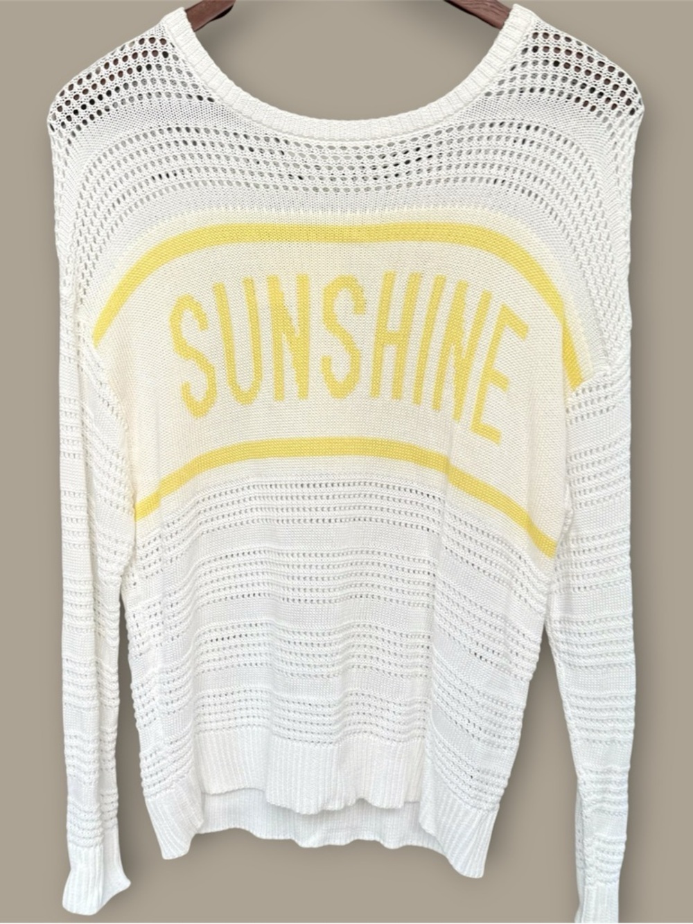 Rio & Rian White Open Knit "SUNSHINE" Graphic Pullover Sweater - Yellow/Ivory